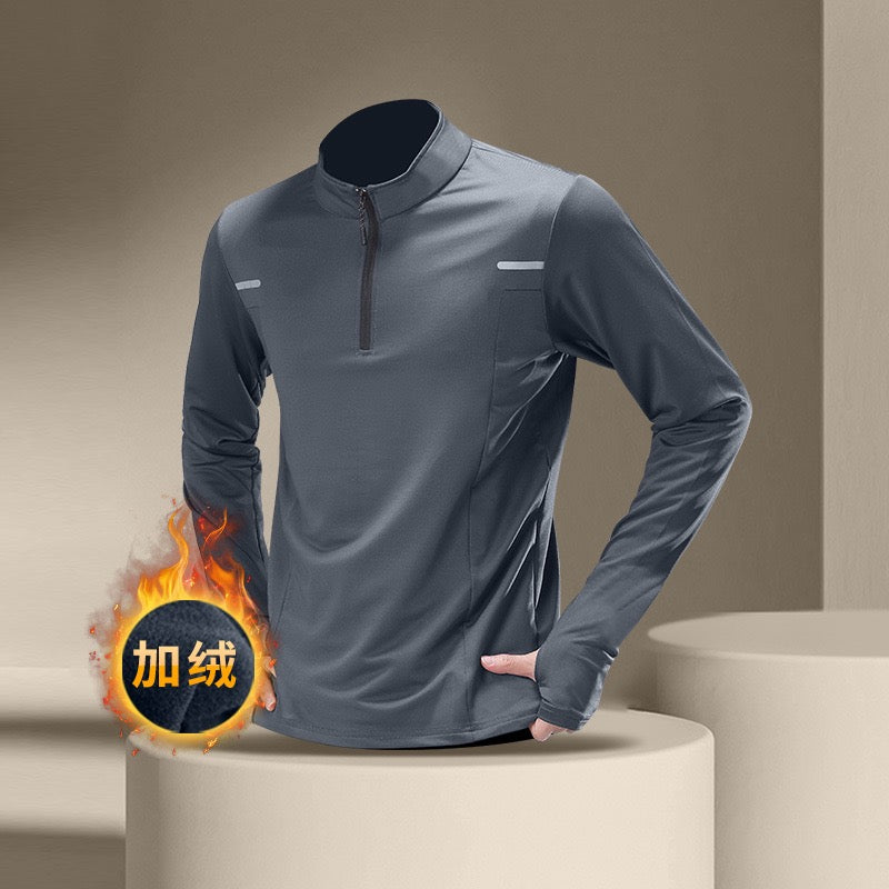 冬季保暖加絨速乾運動T恤 - 男士半拉鍊長袖訓練健身上衣