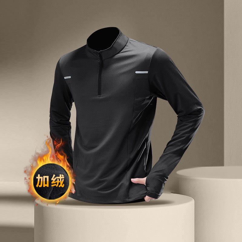 冬季保暖加絨速乾運動T恤 - 男士半拉鍊長袖訓練健身上衣